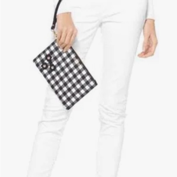 Michael Kors Gingham Leather Med Zip Pouch Daisy Stud Wristlet Bag NWT $218 🎁 - Picture 3 of 4